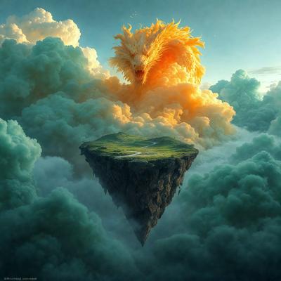 The primary subject of the image is a dragon, which is depicted as a large, yellow, and orange creature. The dragon is positioned in the center of the image, surrounded by a cloudy sky. The setting appears to be a fantasy world, with the dragon standing on a cloud, giving it a majestic and powerful presence. The visual style of the image is a combination of digital art and illustration, creating a vibrant and dynamic scene. The dominant colors in the image are yellow, orange, and
